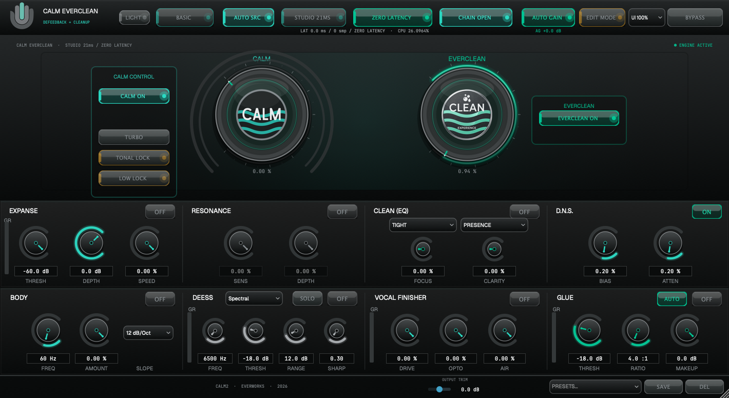 CALM EverClean interface with the complete channel strip open