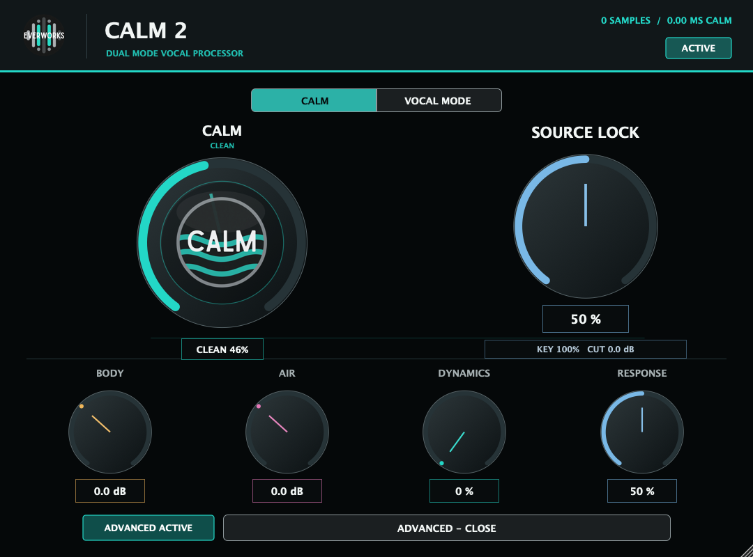 CALM 2 interface in zero-latency CALM mode with SOURCE LOCK and Advanced controls