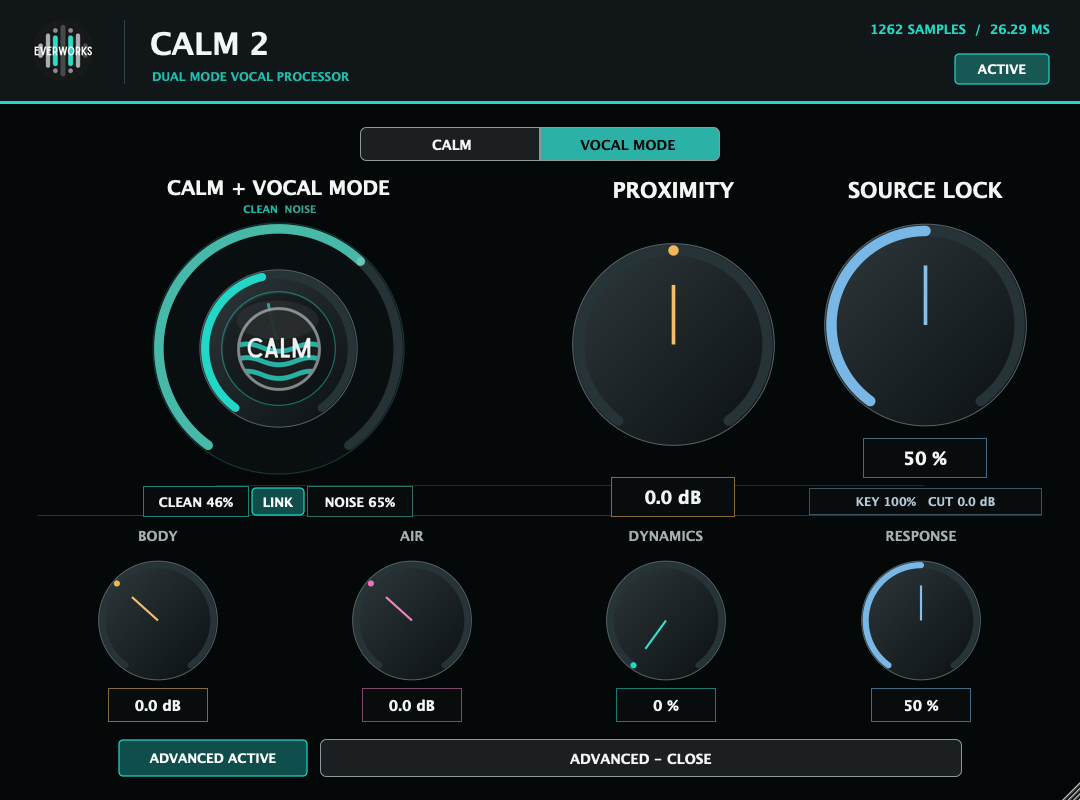 CALM 2 interface in Vocal Mode with CLEAN, PROXIMITY, SOURCE LOCK and Advanced controls