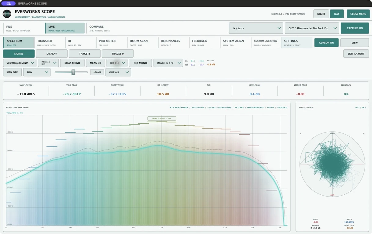 Scope Spectrum in Day mode with RTA, energy bands and stereo image