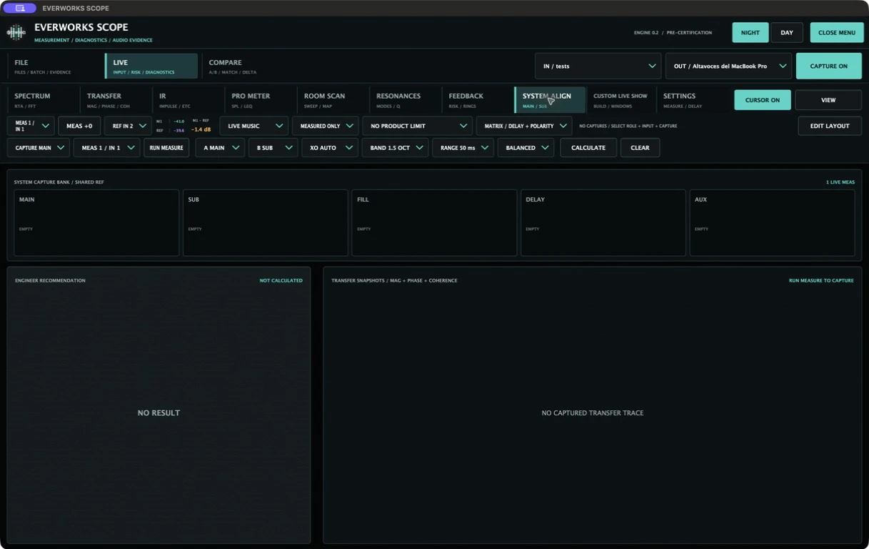Scope System Align workspace for Main, Sub, Fill, Delay and Aux captures