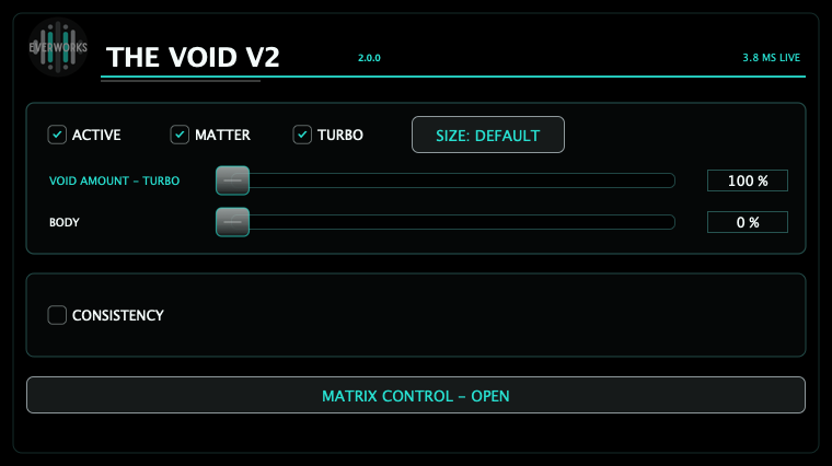 THE VOID V2 interface with Matter, Turbo, Body, Consistency and Matrix controls